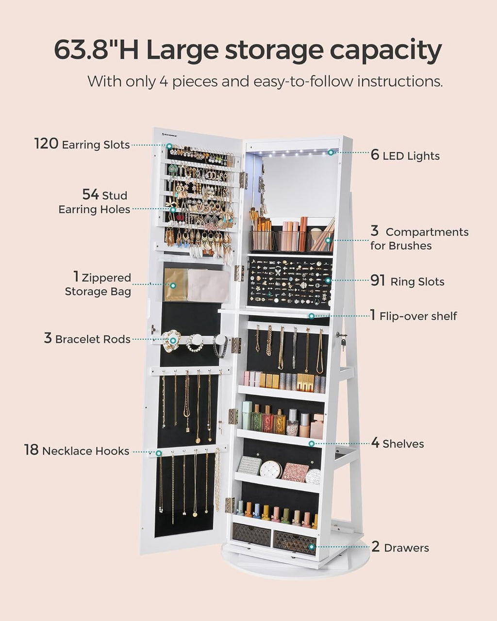 SONGMICS 6 LEDs Lockable Mirror Jewelry Cabinet, 360° Swivel Jewelry Organizer Armoire Standing, Frameless Full-Length Mirror, 3 Storage Shelves, White Surface, Black Lining UJJC007W01