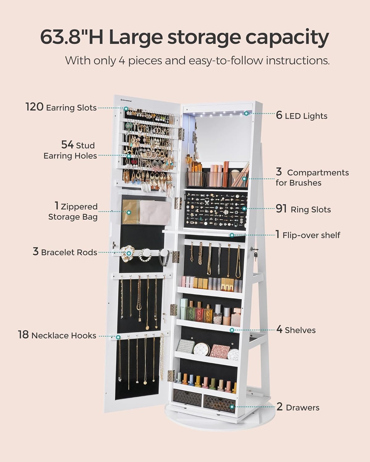 SONGMICS 6 LEDs Lockable Mirror Jewelry Cabinet, 360° Swivel Jewelry Organizer Armoire Standing, Frameless Full-Length Mirror, 3 Storage Shelves, White Surface, Black Lining UJJC007W01