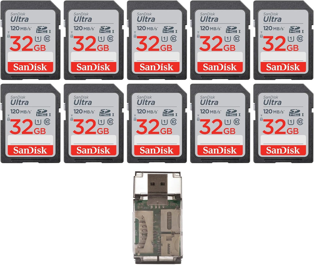 Sandisk 32GB Ultra SDHC UHS-I Memory Card for High-Speed Photography and Full HD Video - Reliable Storage Solution - Waterproof, Shockproof, and X-ray Proof Bundle with USB Card Reader(10-Pack)