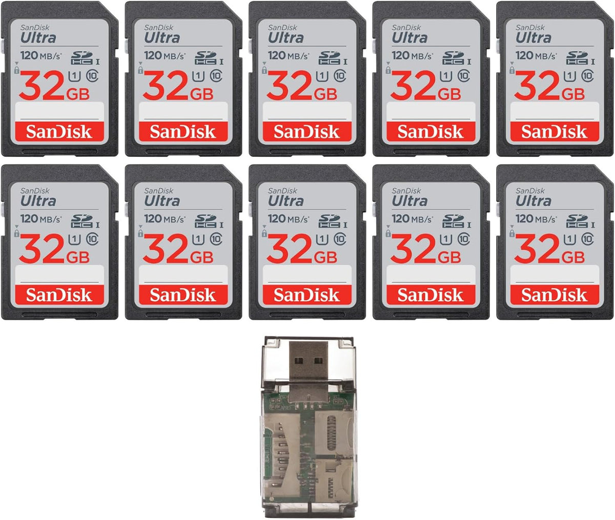 Sandisk 32GB Ultra SDHC UHS-I Memory Card for High-Speed Photography and Full HD Video - Reliable Storage Solution - Waterproof, Shockproof, and X-ray Proof Bundle with USB Card Reader(10-Pack)