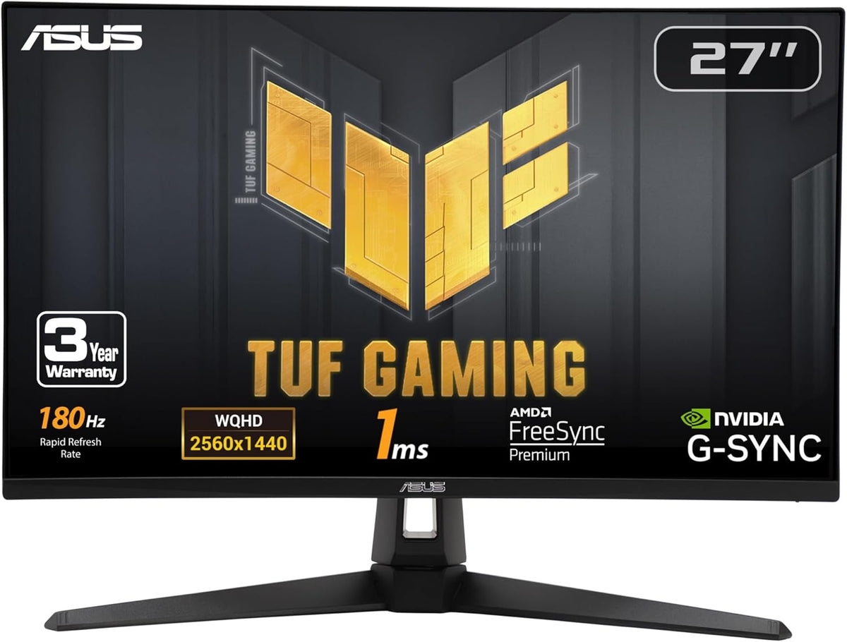 ASUS TUF Gaming 27” 1440P HDR Monitor (VG27AQ3A) – QHD (2560 x 1440), 180Hz, 1ms, Fast IPS, 130% sRGB, Extreme Low Motion Blur Sync, Speakers, Freesync Premium, G-SYNC Compatible, HDMI, DisplayPort