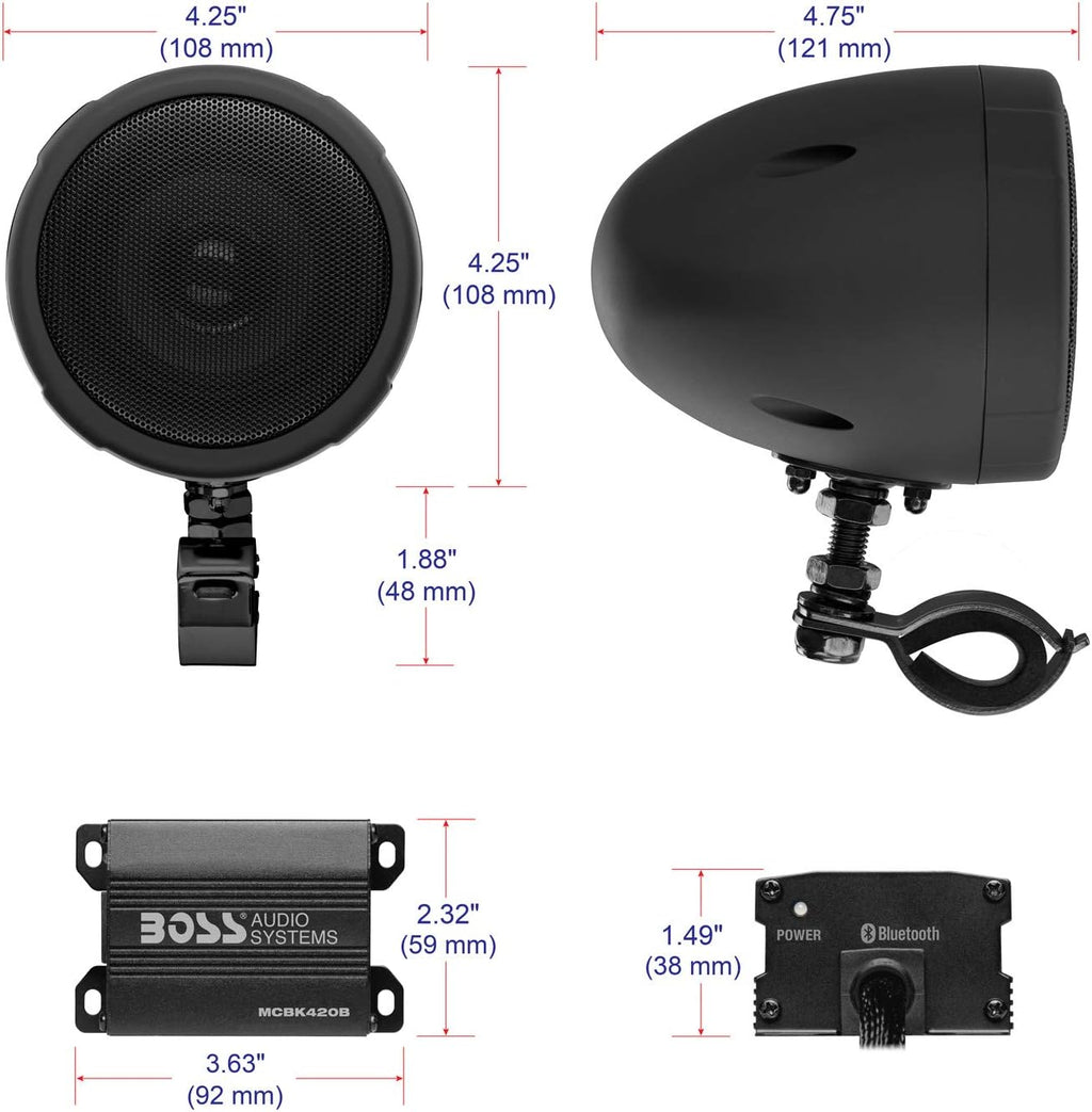 BOSS Audio Systems MCBK420B 3 Inch Motorcycle Speakers and 2 Channel Amplifier Package - Bluetooth, Weatherproof, Volume Control, ATV UTV Compatible