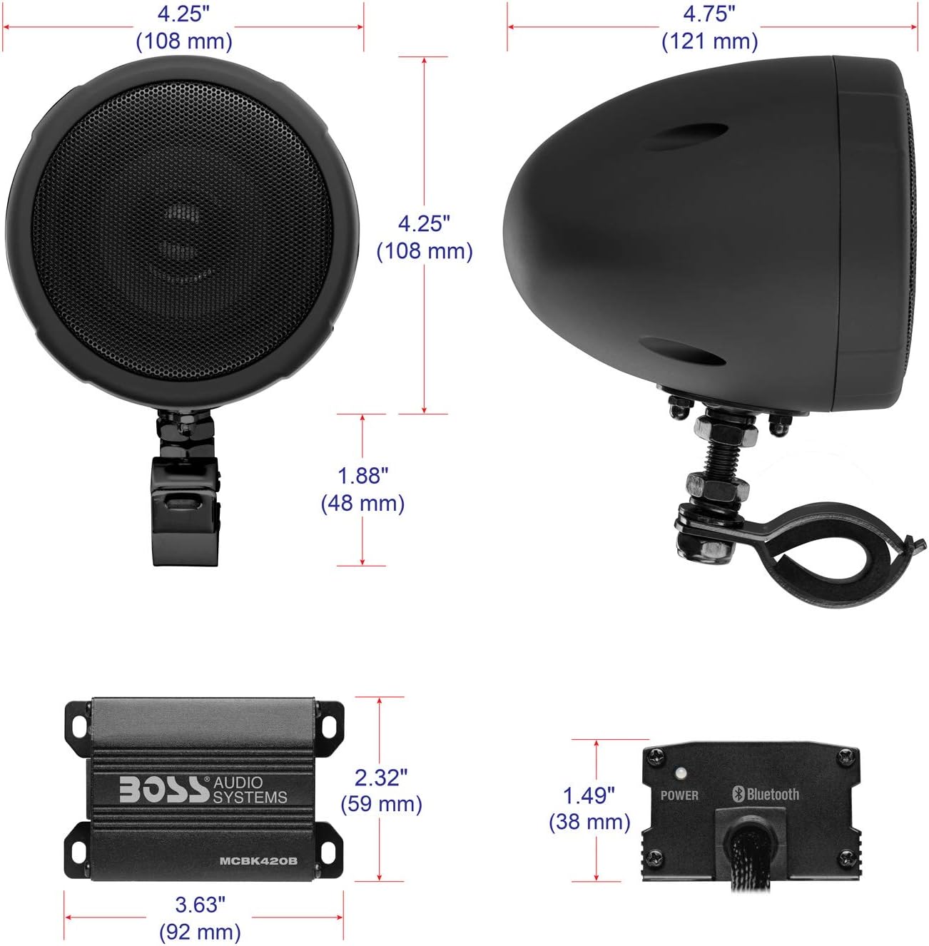 BOSS Audio Systems MCBK420B 3 Inch Motorcycle Speakers and 2 Channel Amplifier Package - Bluetooth, Weatherproof, Volume Control, ATV UTV Compatible