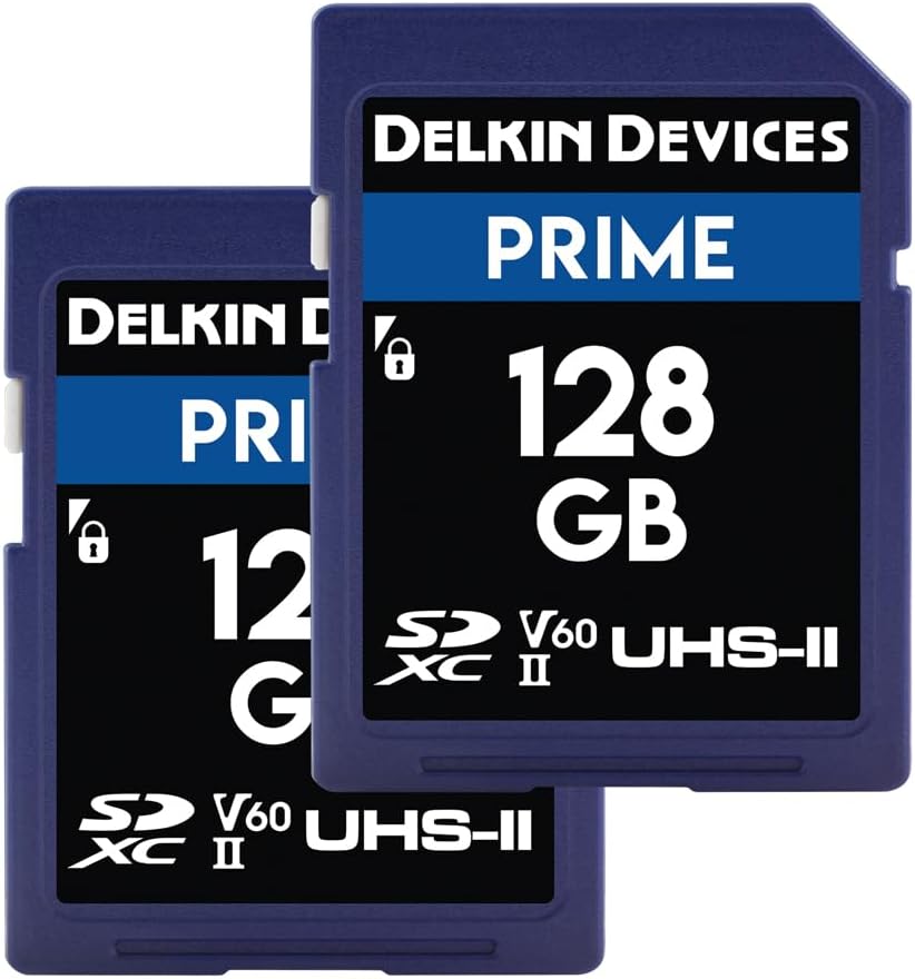 Delkin Devices Prime 128GB 2PK SDXC UHS-II (U3/V60) Memory Cards – High Endurance for 8K, 4K, Full HD, and RAW Burst | Compatible with DSLR and Digital Cameras