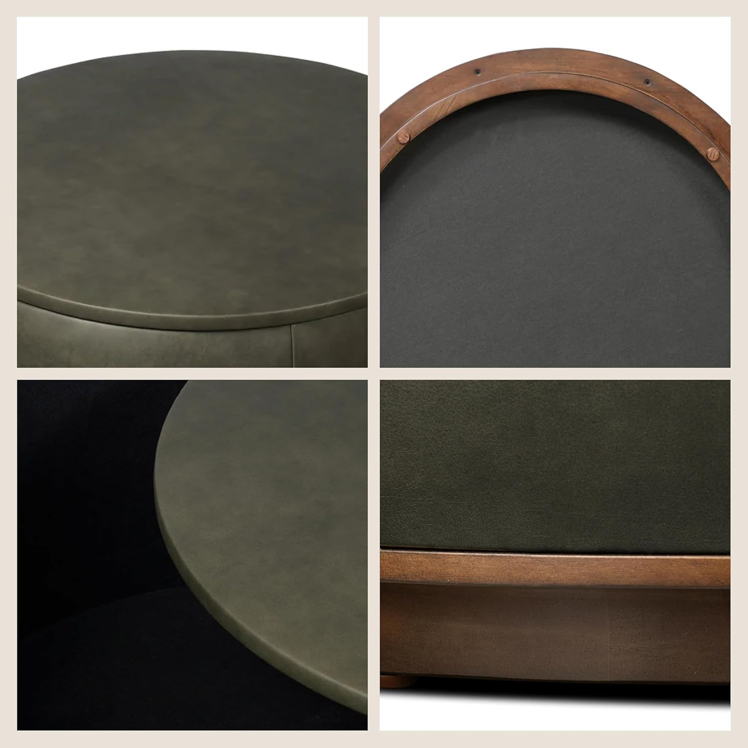 Poly & BARK Herve Storage Ottoman – Round Italian Full-Grain Leather Ottoman with Hidden Storage – Solid Wood Base in Walnut Finish – Olivine Green