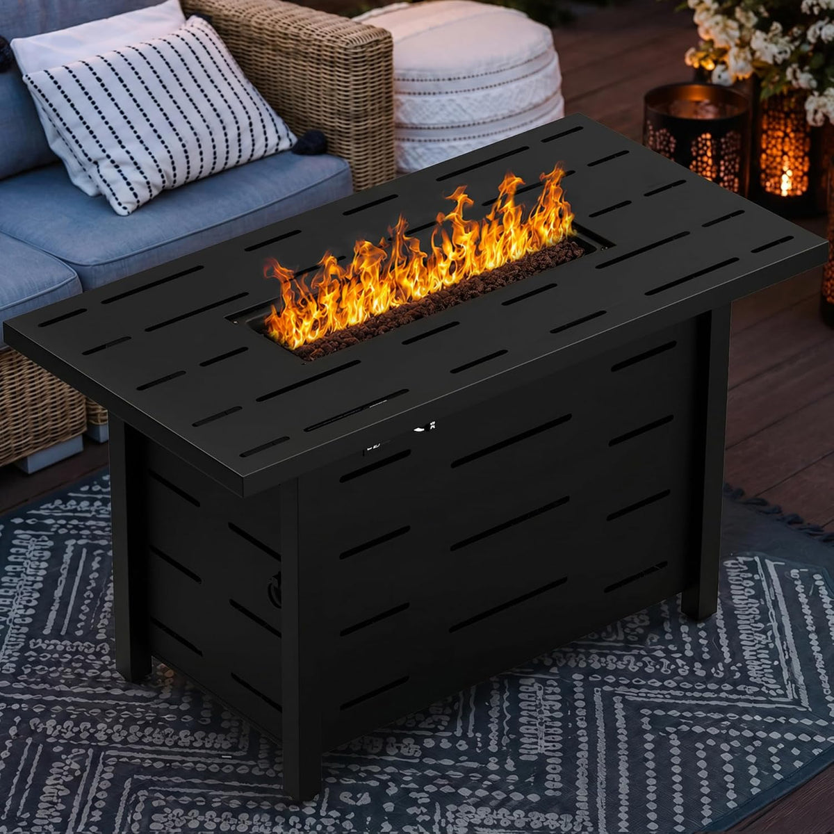 43 Inch Propane Fire Pit Table for Patio & Backyard, 50,000 BTU Steel Gas Fire Pit with Lid & Lava Rocks, Outdoor Table Heater for Deck, Garden, Smokeless Flame