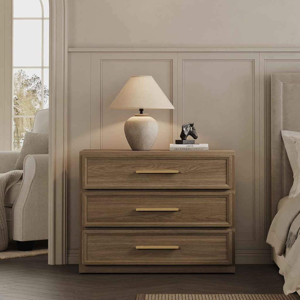 SICOTAS Night Stand Oversized Extra Large Nightstand Tall Bedside Side Table with 3 Drawers with Storage Modern End Table with Golden Handles Night Stands for Bedroom Sofa Couch Office