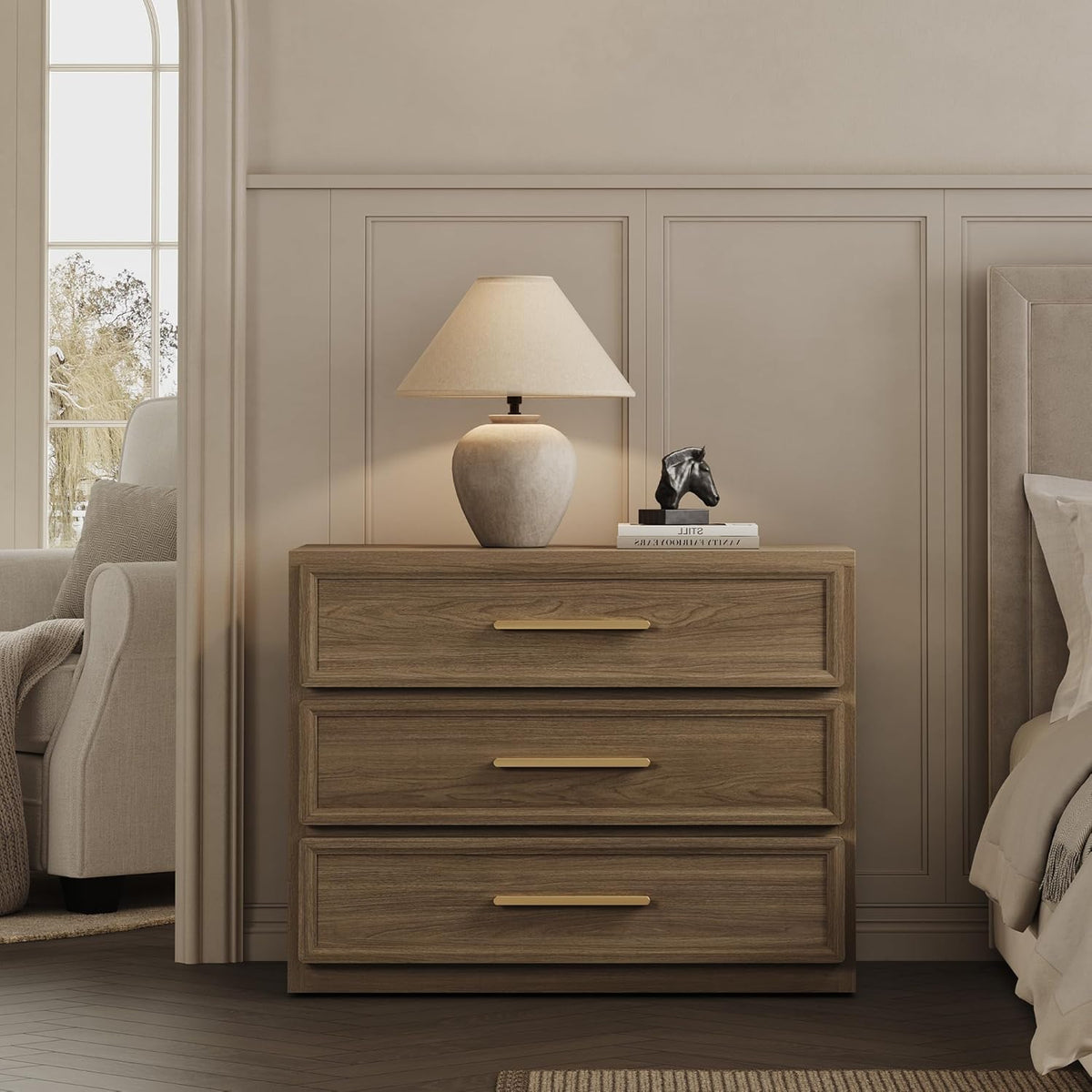 SICOTAS Night Stand Oversized Extra Large Nightstand Tall Bedside Side Table with 3 Drawers with Storage Modern End Table with Golden Handles Night Stands for Bedroom Sofa Couch Office