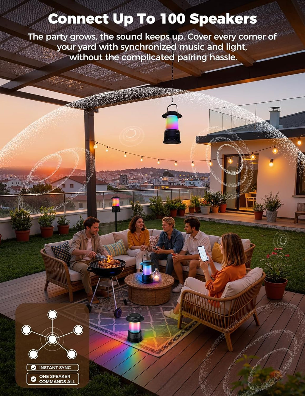 dbsono Outdoor Solar Speakers Home Decor: 2-Pack 30W Stereo Sound with 360° LED Lights|Multi-Sync 100Pcs|IPX7 Waterproof|20H Playtime|Bluetooth 5.4|Lanterns for Patio/Pool/Yard, Gifts for Women Men