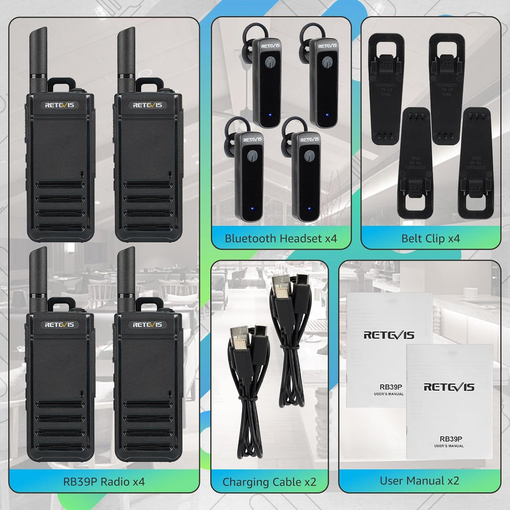Retevis RB39P Bluetooth Walkie Talkies, Wireless Earpiece Auto Reconnect, Portable FRS Two Way Radios, License-Free, Hands Free, Type-C, Compact, 2 Way Radio for Church Hospital Retail School (4 Pack)