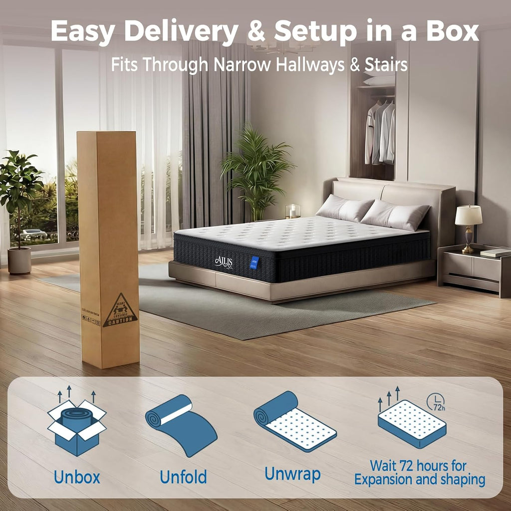 ailis Queen Mattress, 14 Inch Queen Hybrid Mattress in a Box, Medium Firm with Upgraded Pocket Springs for Superior Motion Isolation, Strong Edge Support & Breathable Comfort