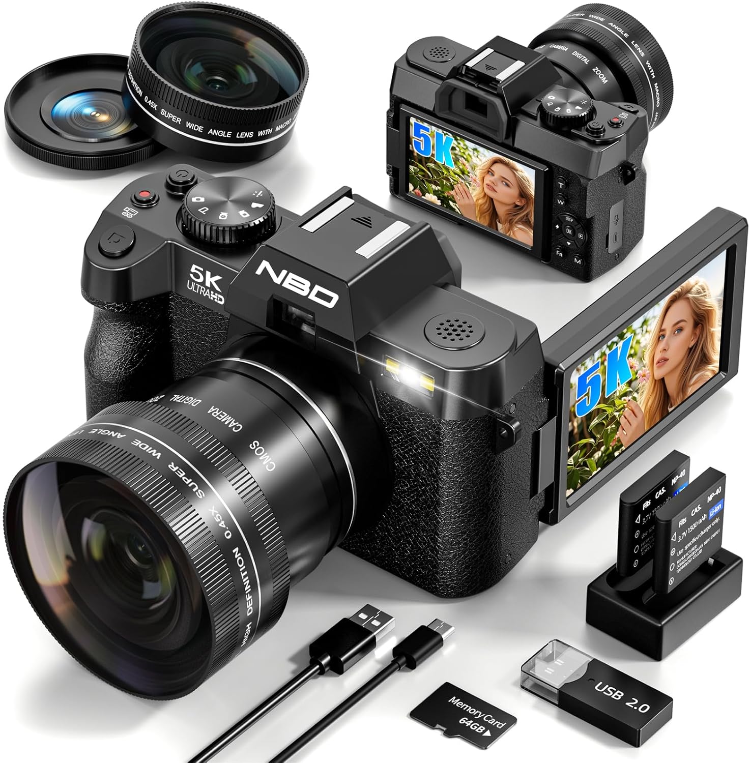True 5K Digital Cameras for Photography 64MP - 16X Zoom, WiFi, with 64GB TF Card, Wide-Angle & Macro Lens, Autofocus & Anti-Shake, Vlogging Camera for YouTube Travel (Black)