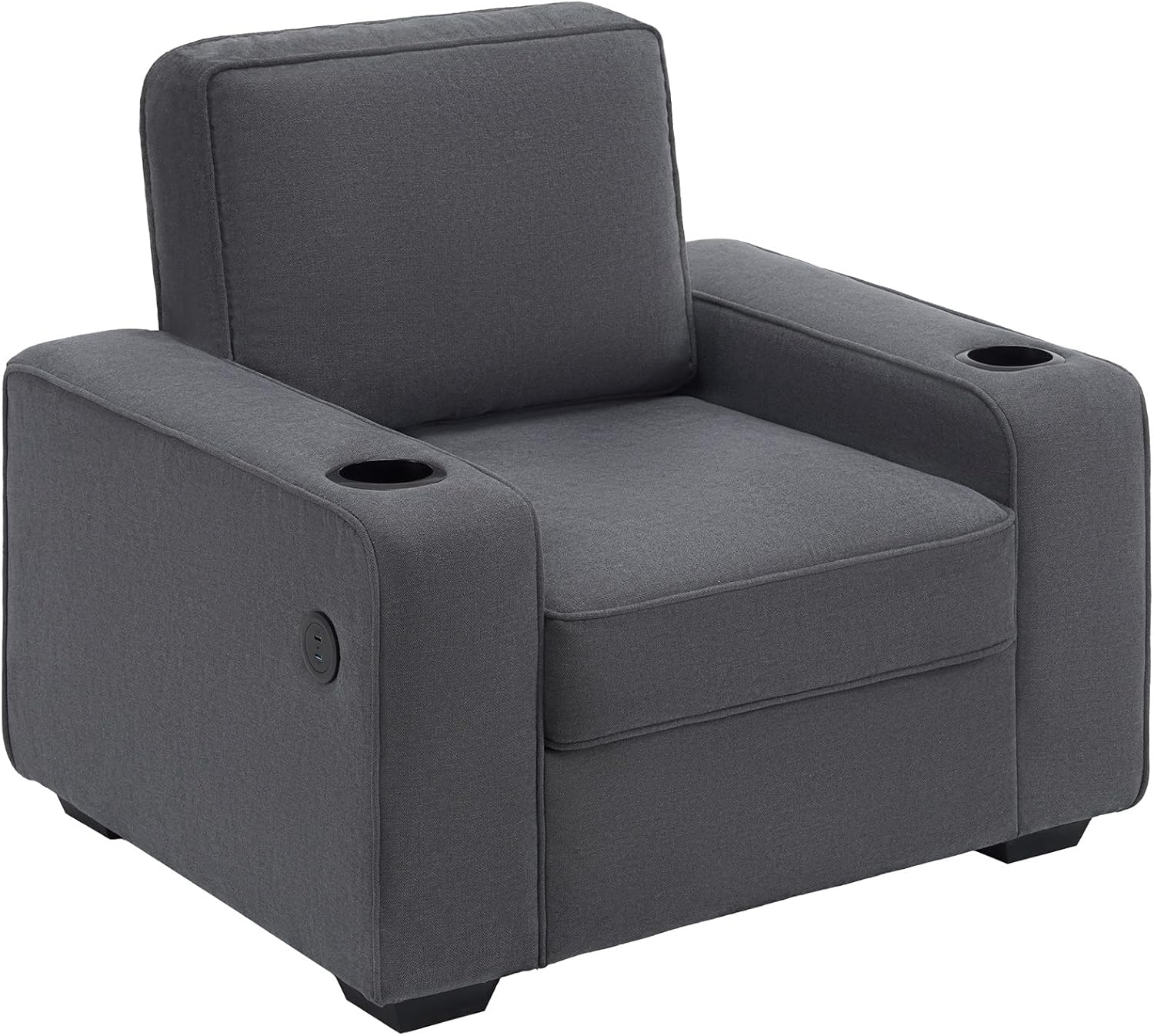AMERLIFE Chenille Sofa Chair, Modern Comfy Couch with Cup Holders & USB Ports for Living Room, Charcoal Grey Upholstered Couch