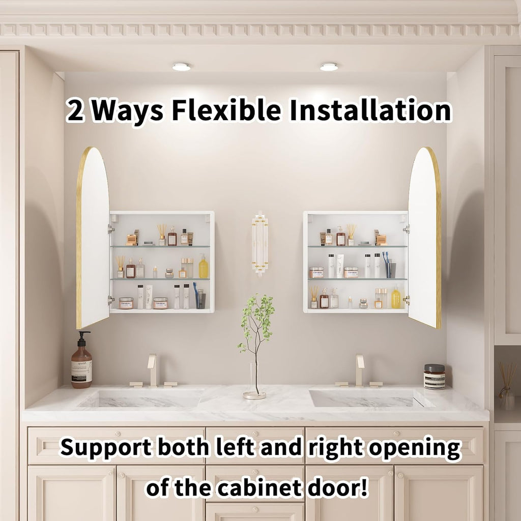 FKWin Gold Medicine Cabinet with Mirror, 20x32 Inch Surface Mount Bathroom Storage Cabinet, Wall Mounted Mirror Cabinet with Adjustable Glass Shelf, Left or Right Door Opening, Brushed Gold Finish