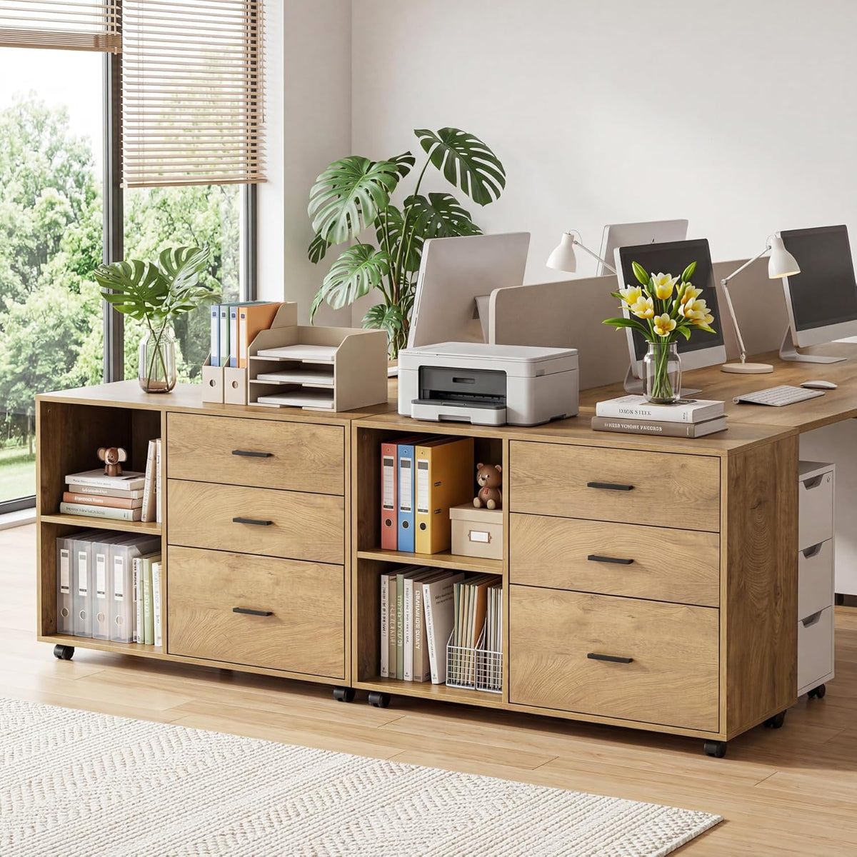 Tribesigns 39-Inch Rolling File Cabinet with 3 Drawers, Wooden Office Lateral Filing Cabinet, Modern Printer Stand with Storage Shelves for Home Office, Light Brown