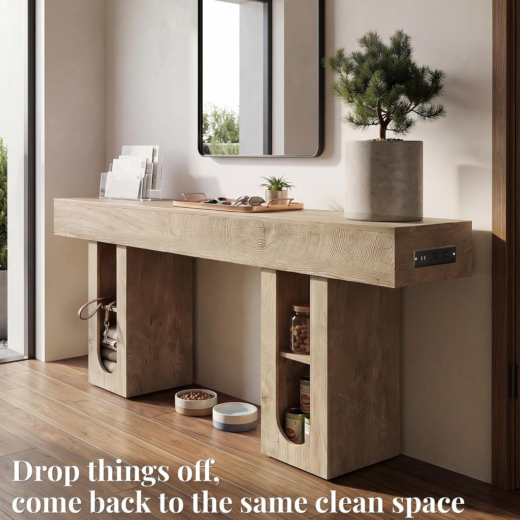63 Inch Long Console Table with Outlet, Entryway Table with Storage Shelves, Thick Heavy Duty High Density MDF Farmhouse Sofa Table for Hallway Behind Couch,Living Room（Natural）