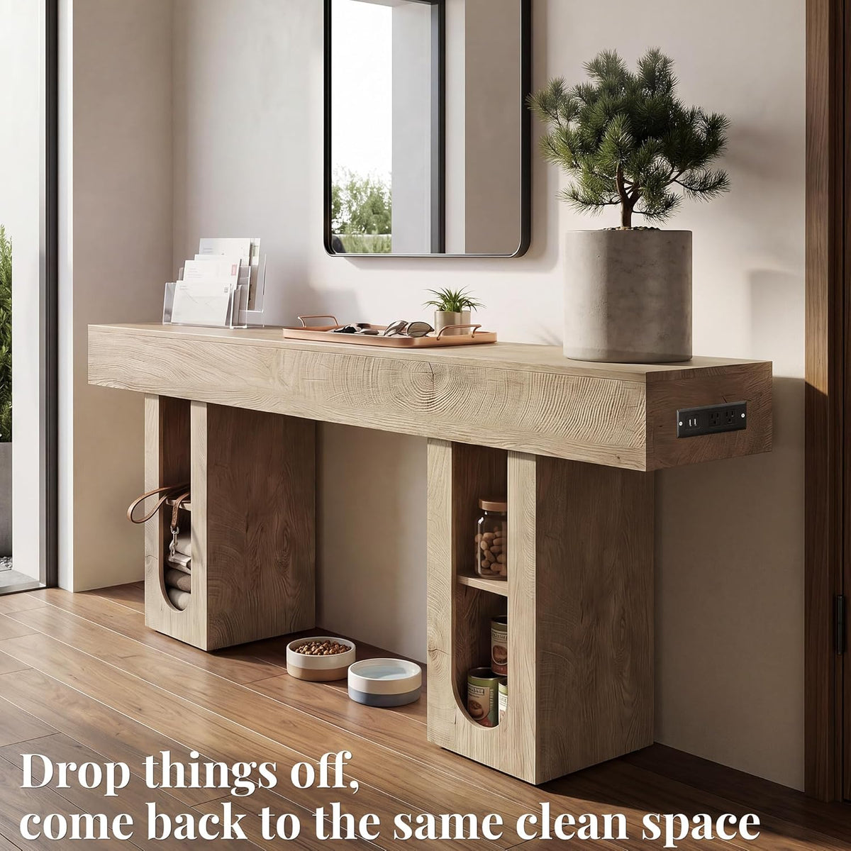 63 Inch Long Console Table with Outlet, Entryway Table with Storage Shelves, Thick Heavy Duty High Density MDF Farmhouse Sofa Table for Hallway Behind Couch,Living Room（Natural）