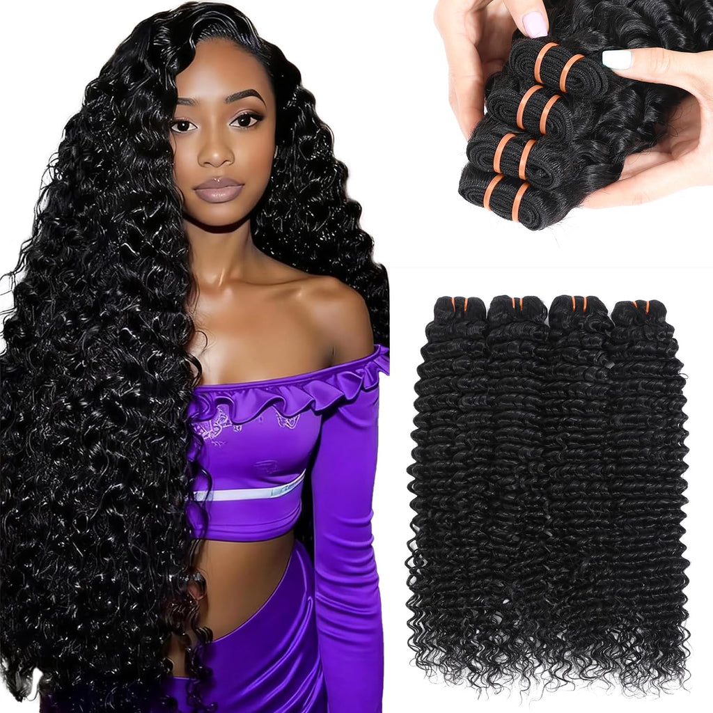 16A Raw Deep Wave Human Hair Bundles, Deep Curly Wet and Wavy Bundles Human Hair, Brazilian Virgin Hair Extensions, Silky Soft After Multiple Washes (4 Bundles-Natrual Black, 18 20 22 24 Inch)