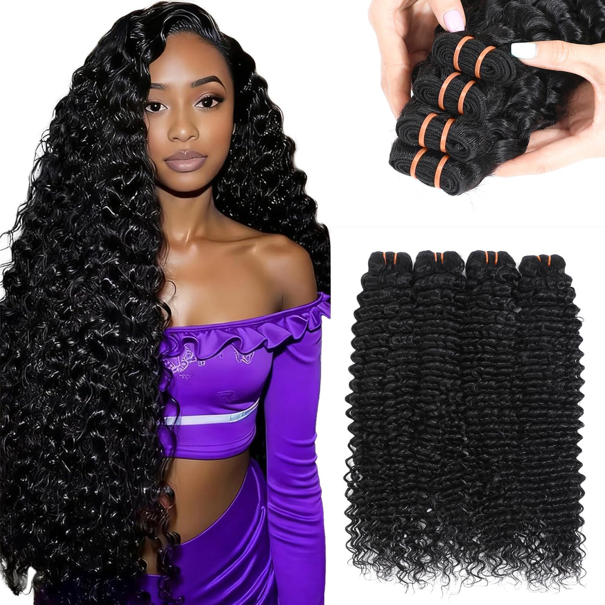 16A Raw Deep Wave Human Hair Bundles, Deep Curly Wet and Wavy Bundles Human Hair, Brazilian Virgin Hair Extensions, Silky Soft After Multiple Washes (4 Bundles-Natrual Black, 18 20 22 24 Inch)