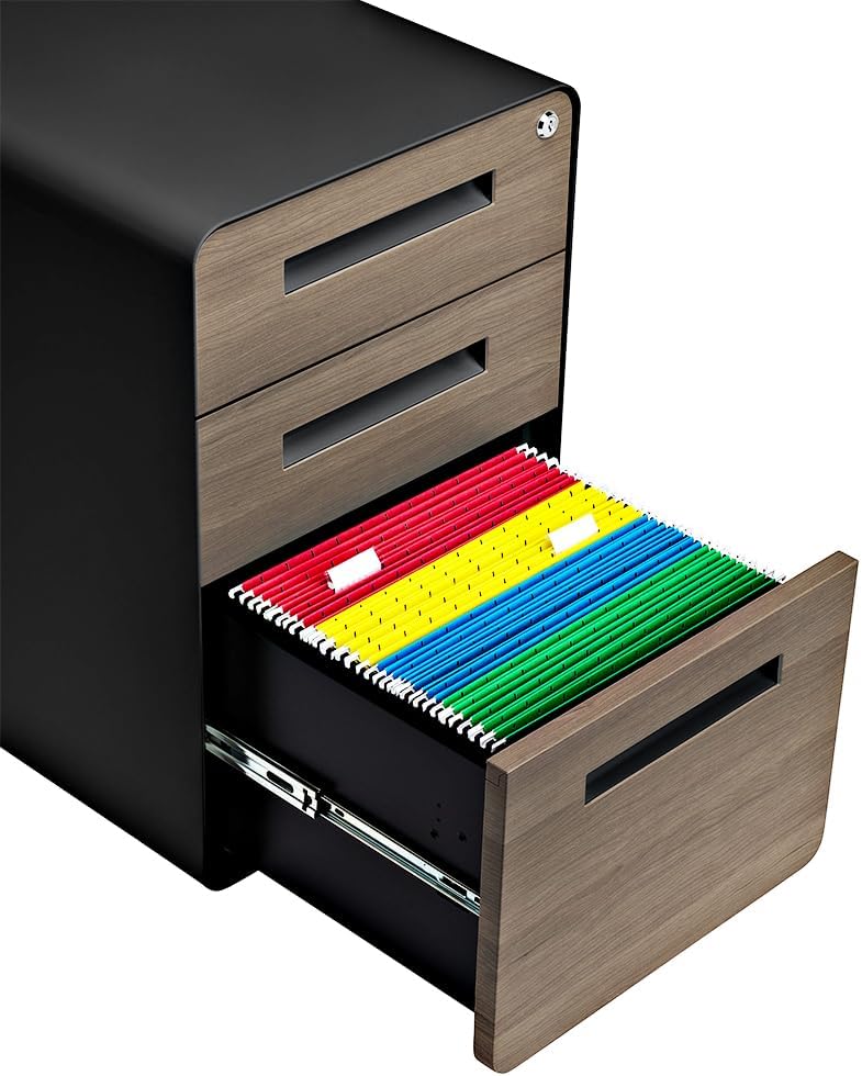 Laura Davidson Furniture Stockpile 3 Drawer File Cabinet with Lock - Under Office Desk Metal Filing Cabinet, Legal/Letter File Folders, Wheels and Stationary Feet, Pre-Assembled, Black/Wood