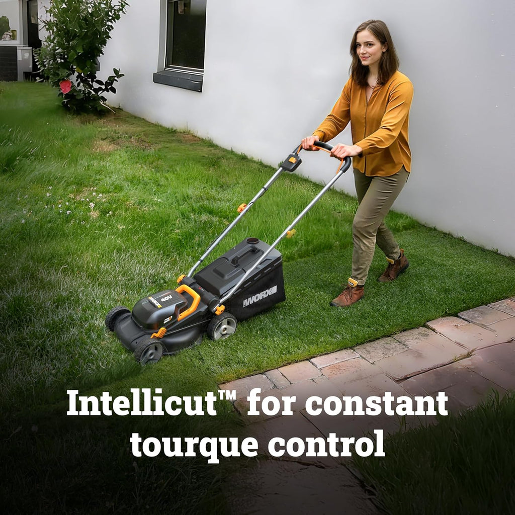 WORX Cordless Lawn Mower, 14" 40V Electric Mower with Brushless Motor, Lightweight 2 in 1 Push Lawn Mower with 6-Position Height Adjustment for Small Yards, 2 Batteries & Charger Included, WG735
