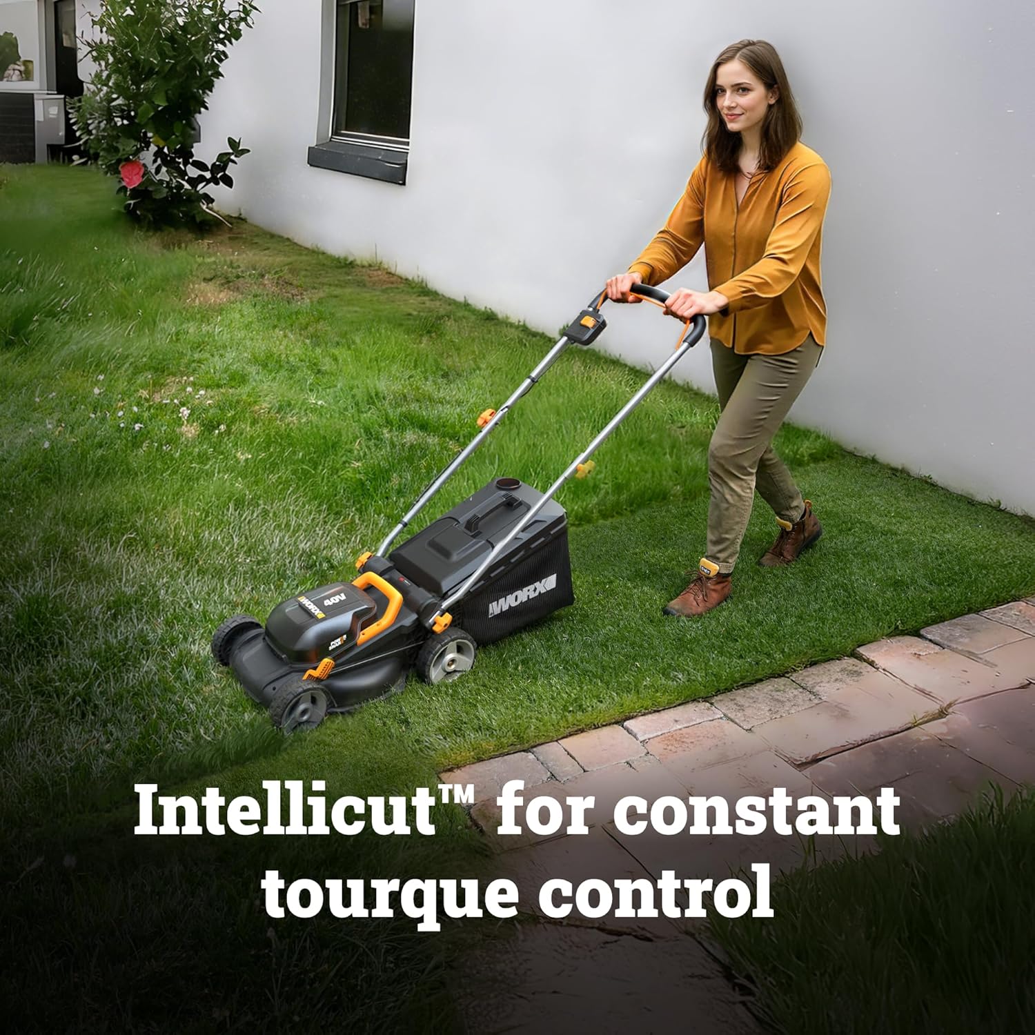 WORX Cordless Lawn Mower, 14" 40V Electric Mower with Brushless Motor, Lightweight 2 in 1 Push Lawn Mower with 6-Position Height Adjustment for Small Yards, 2 Batteries & Charger Included, WG735