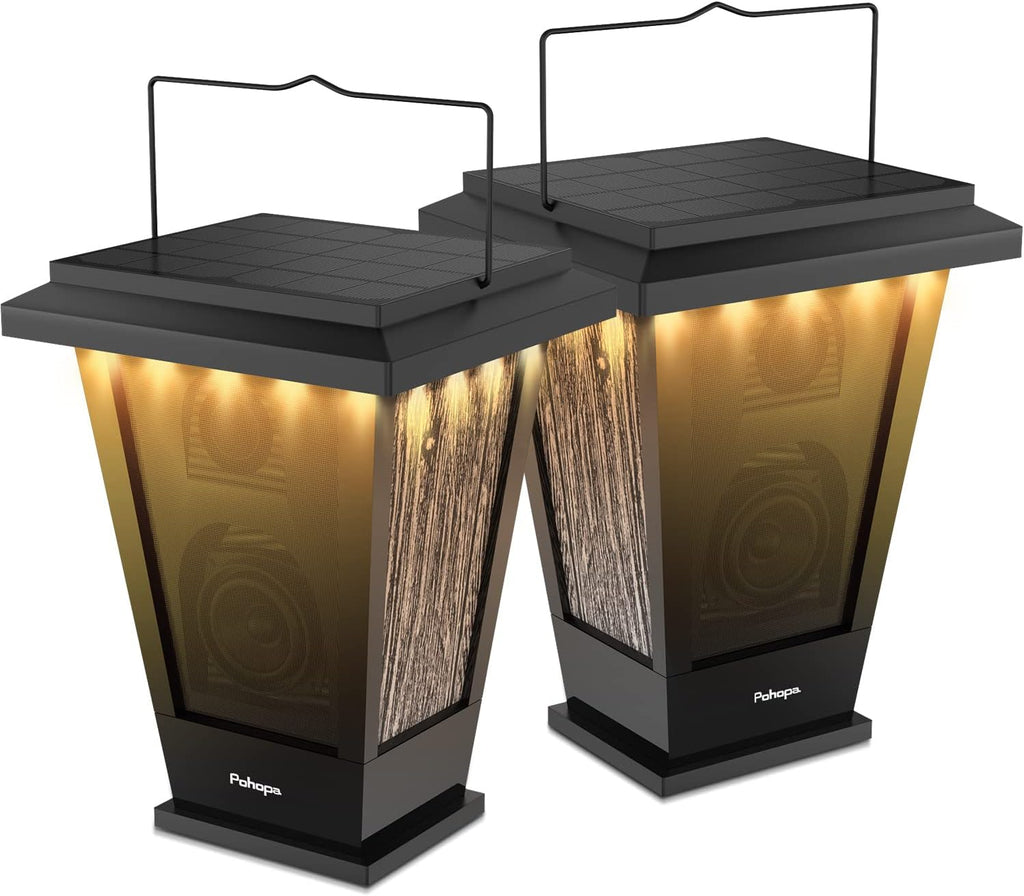 pohopa Bluetooth Speakers Waterproof, Solar Powered 2 Packs True Wireless Stereo Sound 20W Dual Pairing Lantern Indoor Outdoor Speakers with 20 Piece LED Lights, Richer Bass, Black