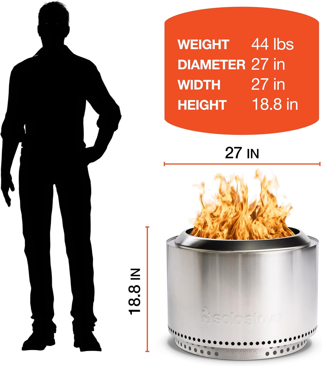 Solo Stove Yukon 2.0 + Stand, 27 Inch Smokeless Fire Pit – Portable Stainless Steel Outdoor Fireplace - 360° Airflow Technology and Removable Ash Pan – Ideal for 6 or More People, 43.9lbs, Ash