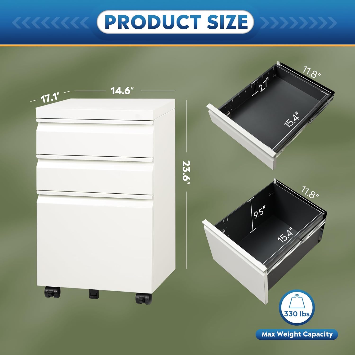 DEVAISE 3 Drawer Mobile File Cabinet with Lock, Under Desk Metal Filing Cabinet for Home Office/Legal/Letter/A4 File, Fully Assembled Except Wheels, White