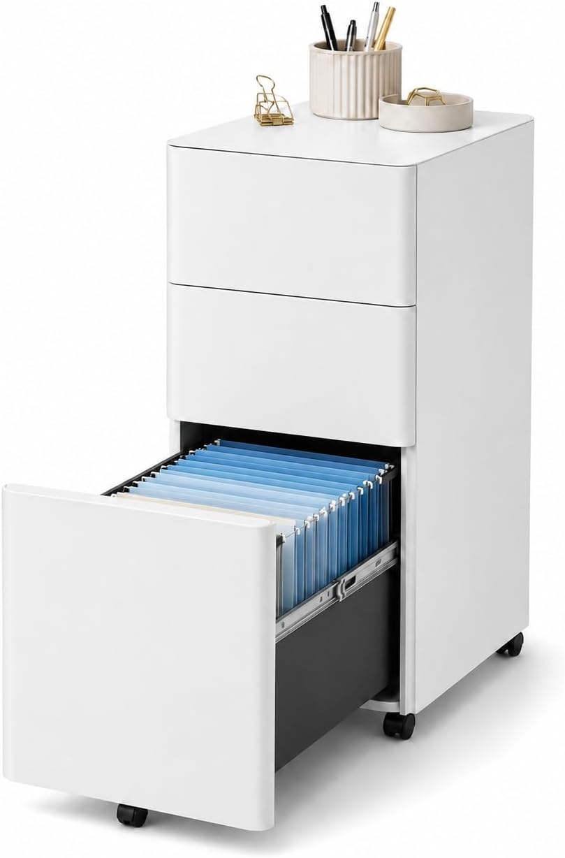3 Drawer File Cabinet with Lock, Fully Assembled Rolling Printer Stand Under Desk, White Filing Cabinet for Legal/Letter Size, Home Office, 17.7" D x 11.8" W x 24.0" H