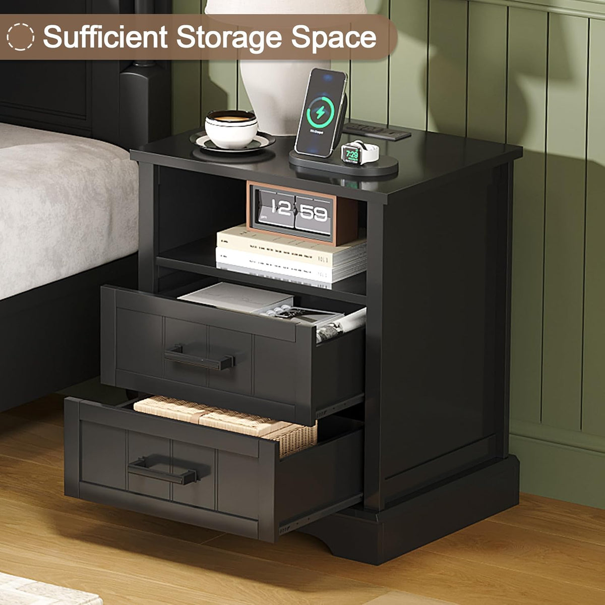 ChooChoo Farmhouse Night Stands with Charging Station, Wood Nightstand Set of 2 with 2 Drawers, Bedside Table with Open Storage Shelf for Bedroom, Black