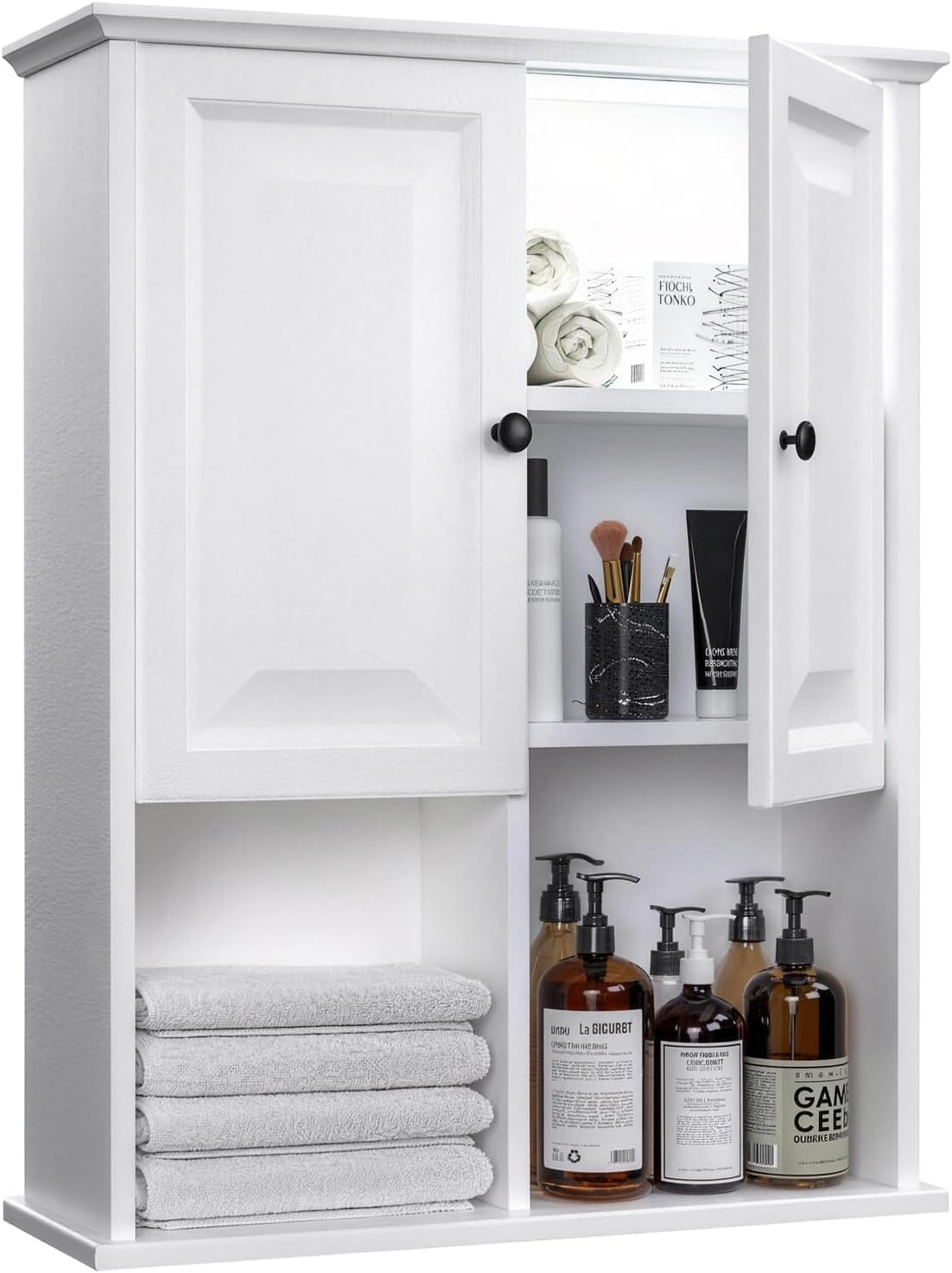 HAIOOU Bathroom Wall Cabinet with Motion Sensor LED Light, Wooden Medicine Cabinet Wall Mounted Cupboard, Over Toilet Storage Cabinet with Buffering Hinges and Adjustable Shelf - Modern White