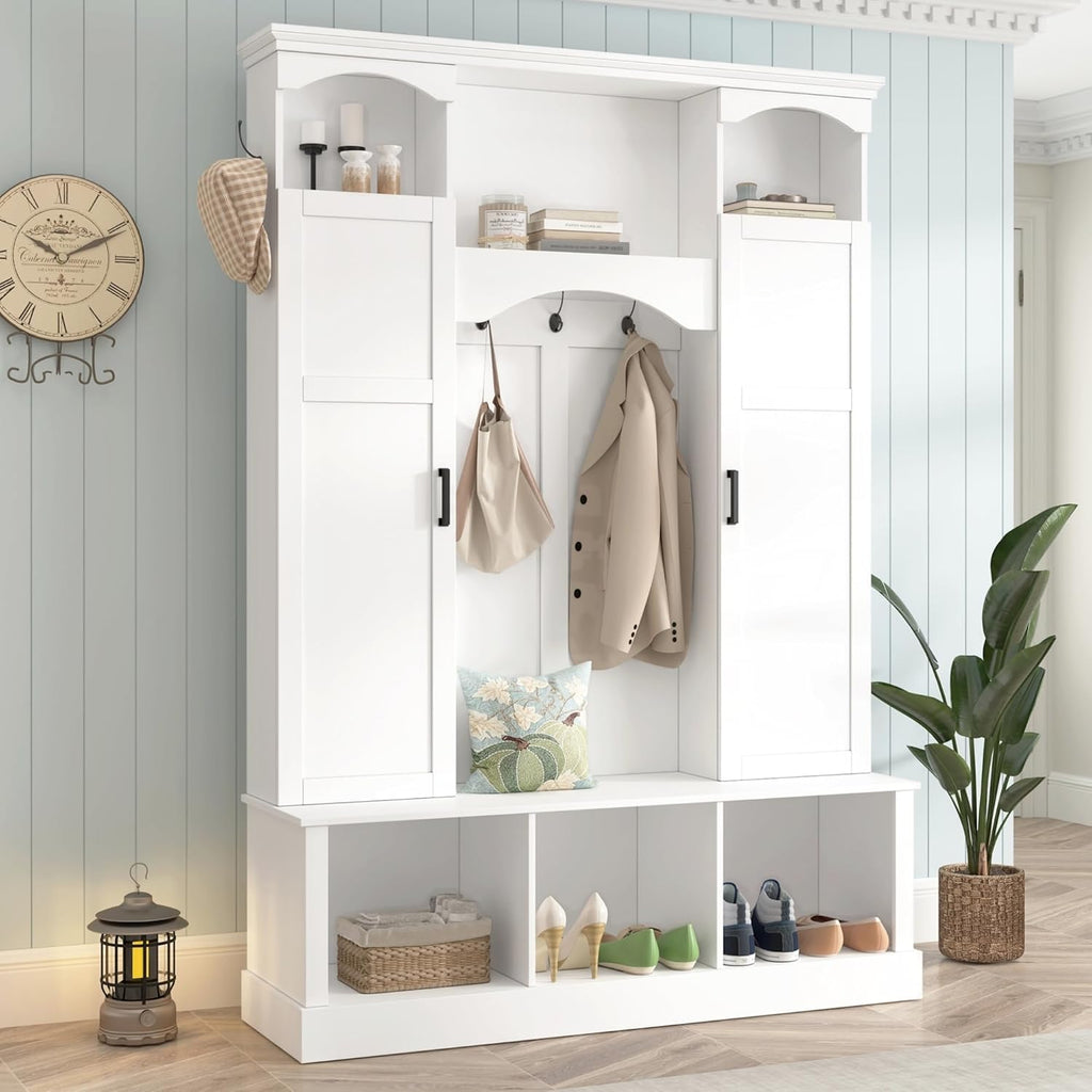 Modern All-in-One Hall Tree with Adjustable Shelves, Classic Arched Farmhouse Storage Bench with Dual Side Cabinets, Elegant Entryway Organizer with 7 Hooks for Mudroom, Hallway, White