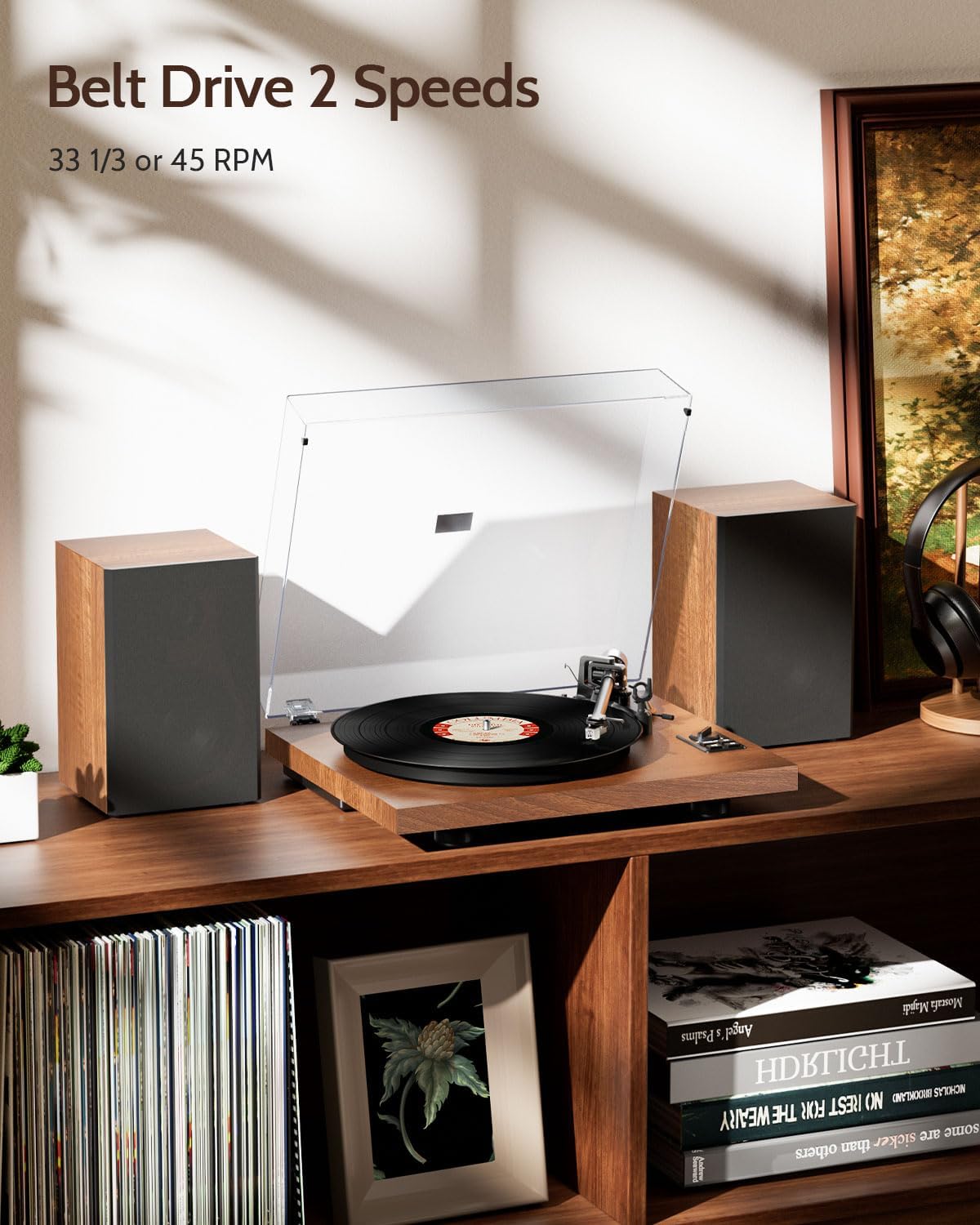 1 BY ONE Bluetooth Turntable HiFi System with 36 Watt Bookshelf Speakers, Patend Designed Vinyl Record Player with Magnetic Cartridge, Wireless Playback and Auto Off (Walnut)