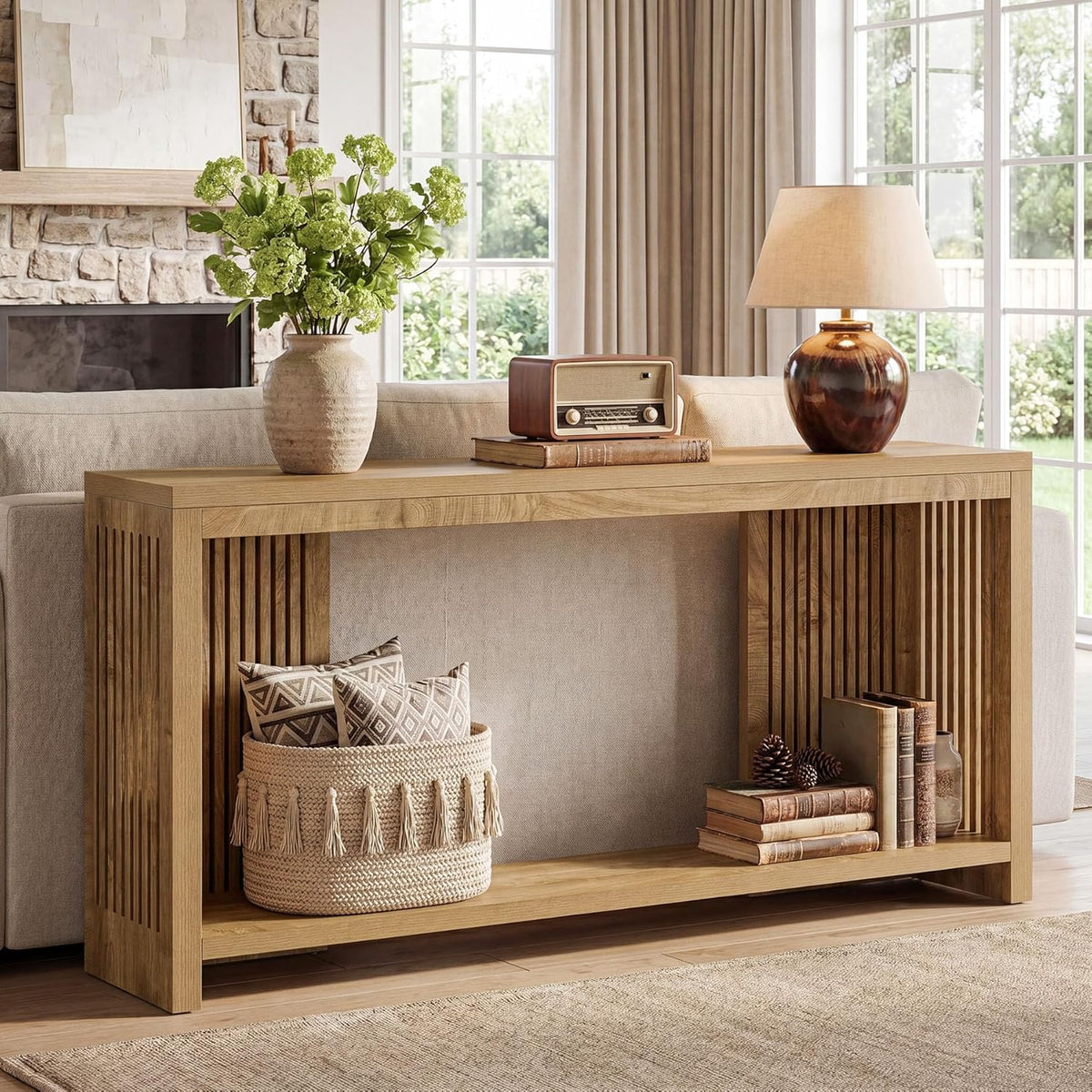 Tribesigns 70.9-Inch Long Entryway Table with 2-Tier Storage, Farmhouse Narrow Sofa Console Table with Vertical Stripe Legs, for Entrance, Entryway, Hallway, Foyer, Behind the Couch, Brown