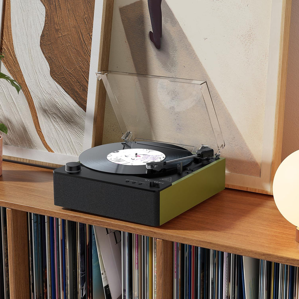 MYKESONIC Fully Automatic Record Player, Bluetooth Belt Drive Vinyl Turntable, Magnetic AT-3600L Cartridge, Bluetooth in & Out, Hi-Fi Stereo Speakers, Aux in Headphone, RCA Out (Green)