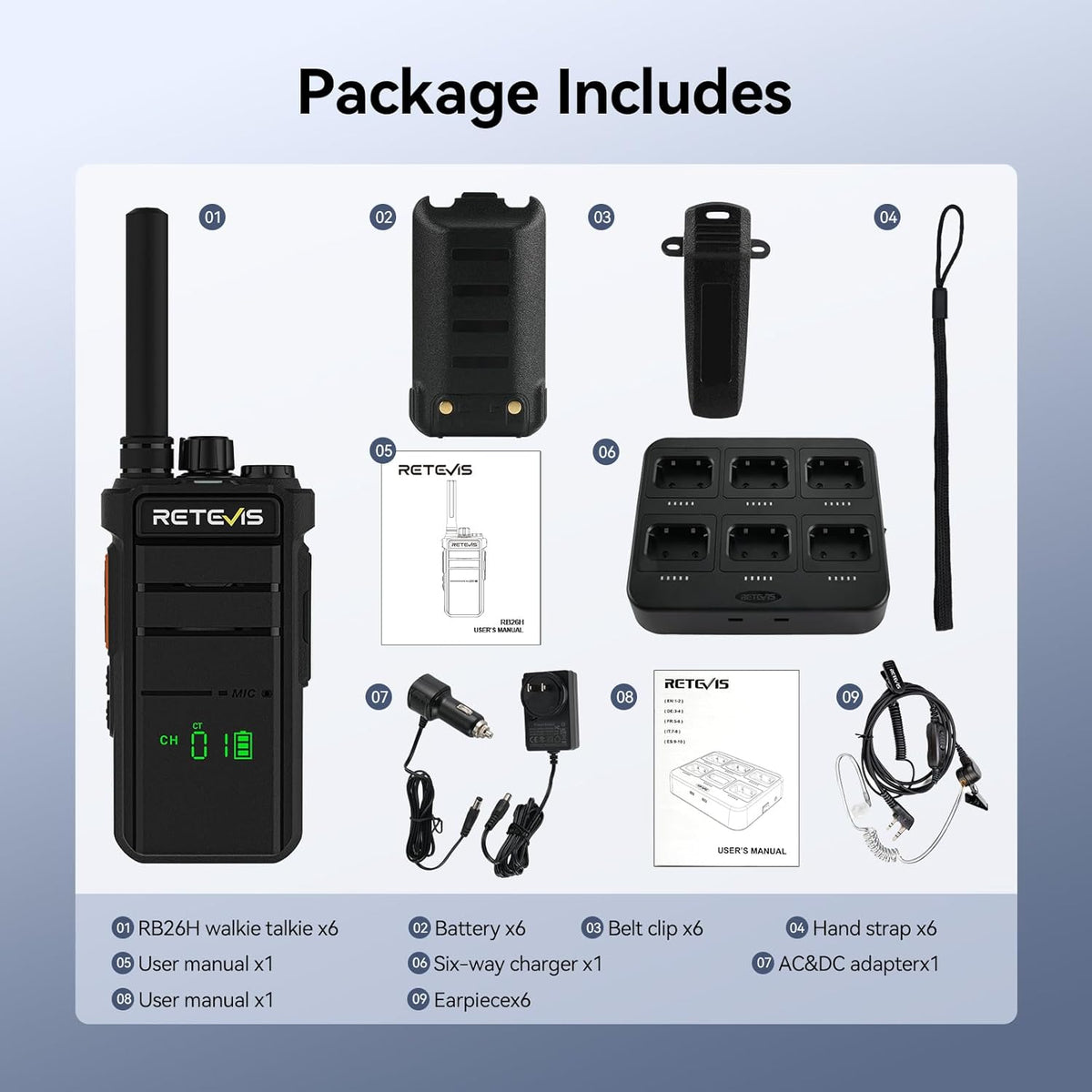 Retevis RB26H Walkie Talkies Long Range with Earpiece,2 Way Radio with 6 Way Charger,Hidden Display,21-Hours,NOAA,GMRS Repeater Capable,Professional Walkie-Talkie for Adults Security Warehouse(6 Pack)