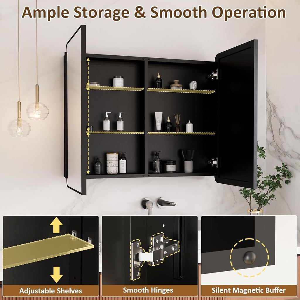 Medicine Cabinet Mirror 30x36 Inch, Double-Sided Bathroom Mirror Cabinet with Adjustable Glass Shelves, 2-Compartment Bathroom Mirror with Storage Recessed or Wall Mount