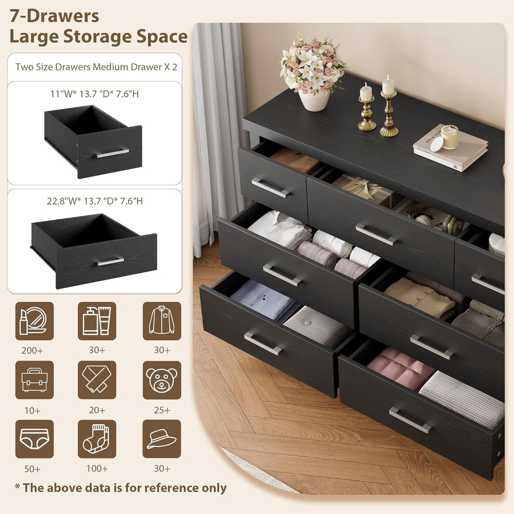 IDEALHOUSE Dresser for Bedroom with 7 Drawers, Storage Chest of Drawers with Metal Handle, Wooden Dresser Organizer for Living Room,Closet,Entryway,Nursery