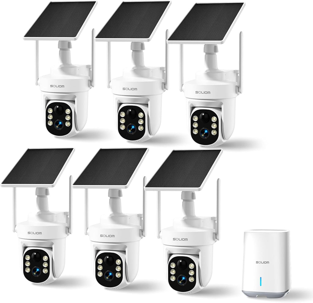 SOLIOM Security Cameras Wireless Outdoor, 6-Camera Solar Security System, 5MP 3K Color Night Vision, Radar Motion Detection, 360° Auto Tracking, No Monthly Fees, 64GB Local Storage