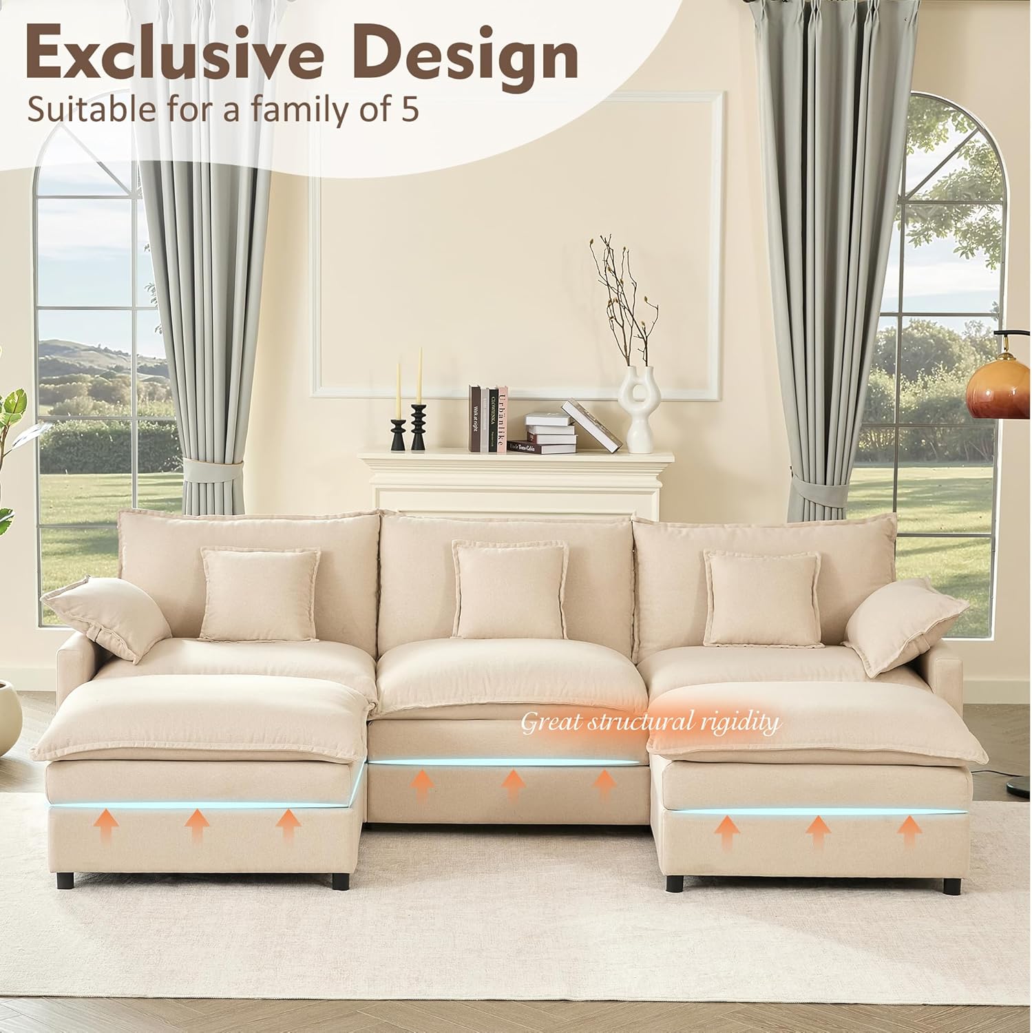 GOSUHI 108" U Shaped Couch, Modular Sectional Sofa, 3-Seater Comfy Cloud Couch, Set of Modular Pieces with Movable Ottoman, Deep Seat Couches for Living Room, Linen, Beige