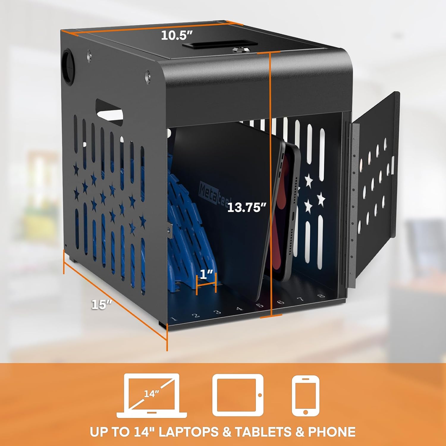 8 Tablet Charging Station Lock Box - Fits 14" Screen, Steel Case & Lockable Door,2 Keys Included - for Chromebook,ipads,Laptop and Tablets - Ideal for Offices, Classrooms and Hospitals(Black)