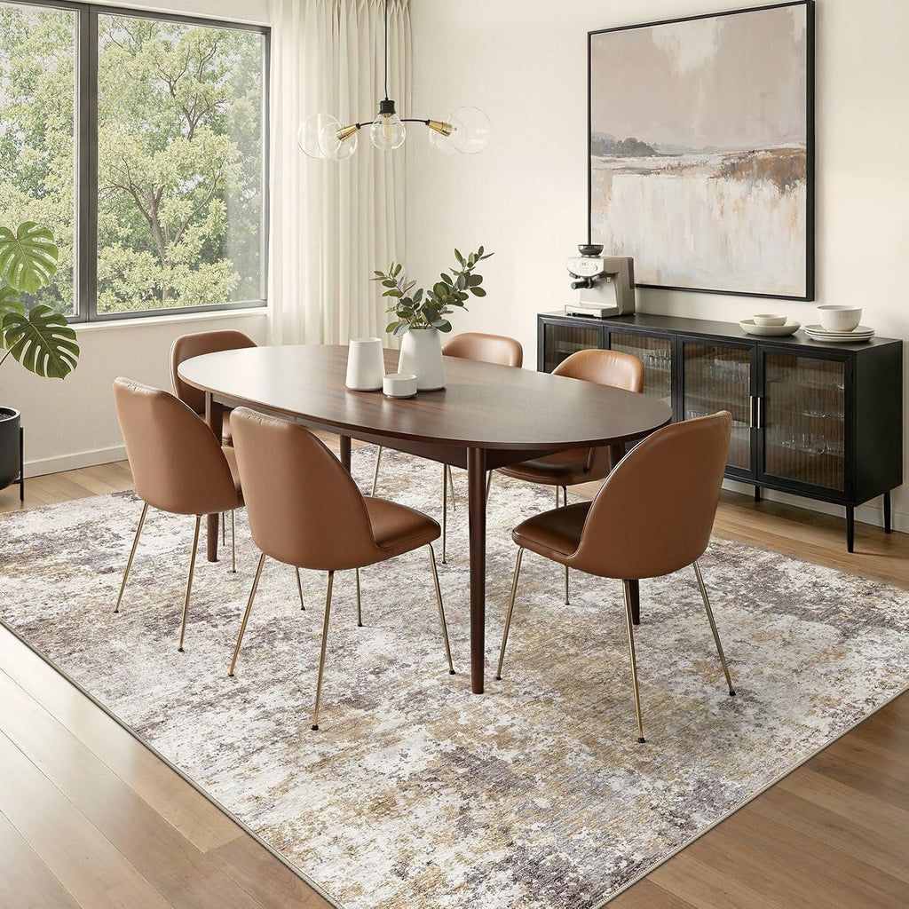 Nakagishi 10X14 Area Rugs for Living Room: Washable Modern Abstract Rug with Non-Slip Silicone Backing Low Pile Soft Carpet for Bedroom & Dining Decor Ideal for Families with Kids and Pets-Brown