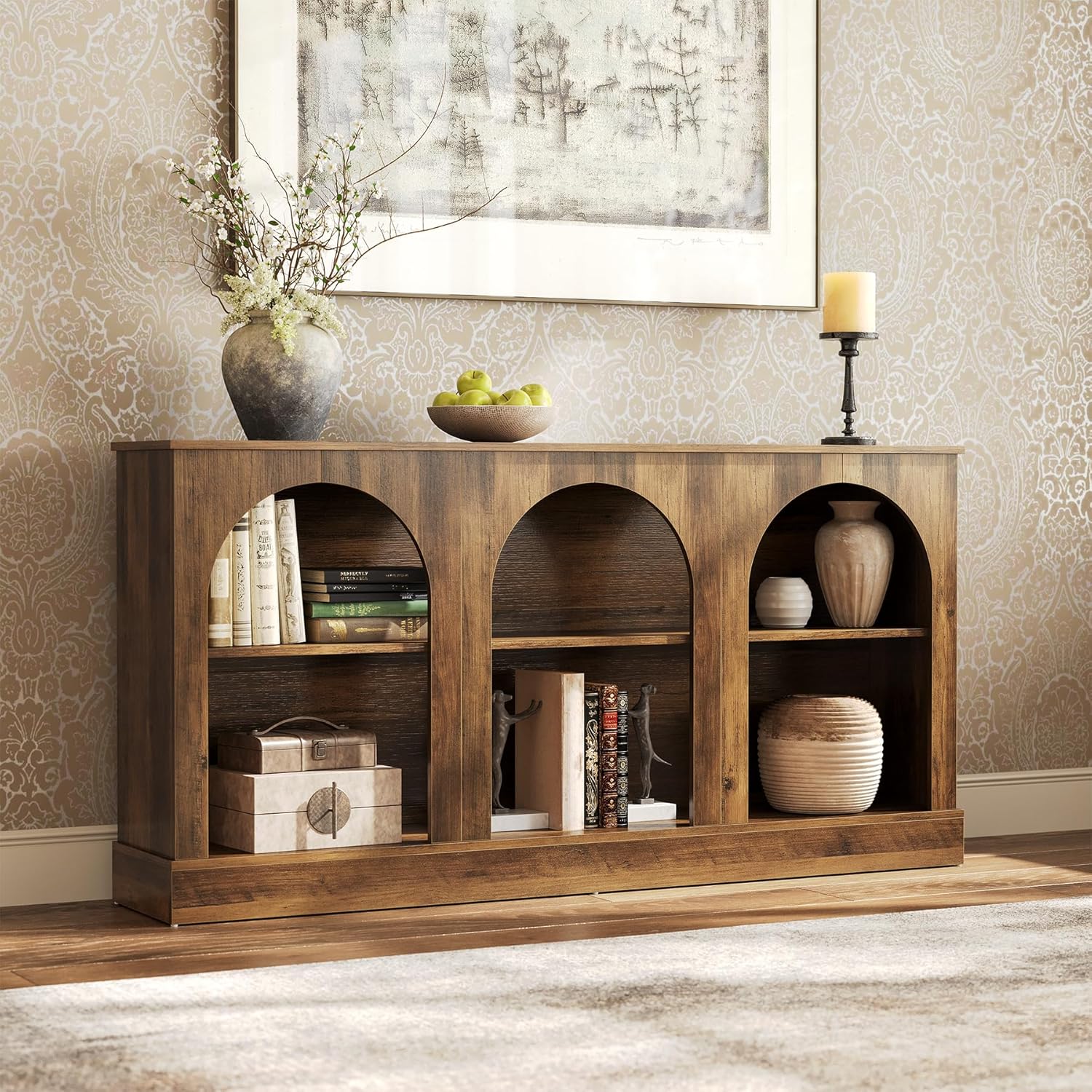 LITTLE TREE 63" Modern Console Sofa Table with 3-Tier Storage, Wooden Rectangular Foyer Table, for Entrance, Hallway, Living Room, Rustic Brown