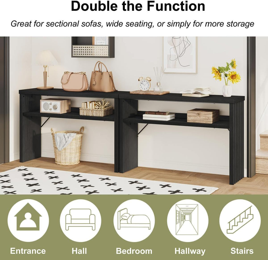 BON AUGURE Black Console Table 47 Inches, Entryway Table with Storage, Sofa Tables Narrow Long, Wooden Couch Tables Behind Sofa for Living Room, 2 Tier Entrance Tables