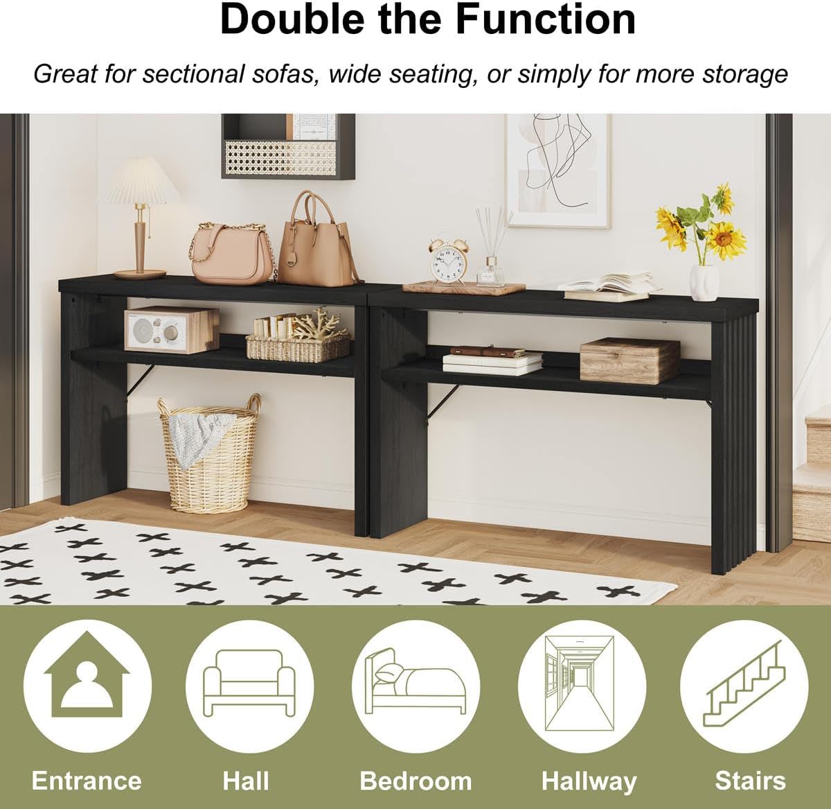 BON AUGURE Black Console Table 47 Inches, Entryway Table with Storage, Sofa Tables Narrow Long, Wooden Couch Tables Behind Sofa for Living Room, 2 Tier Entrance Tables