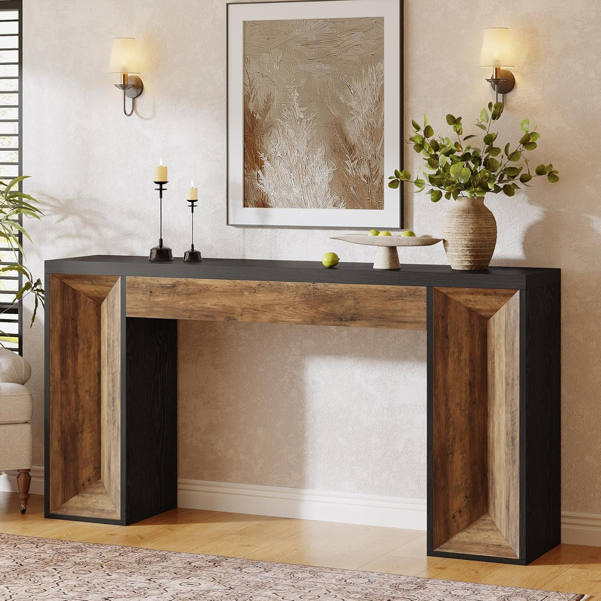 Tribesigns 63-Inch Console Table, Farmhouse Entryway Table with Dual-Tone Design, Rectangular Wood Sofa Table Behind The Couch, Narrow Accent Table for Hallway, Living Room, Foyer, Black and Brown