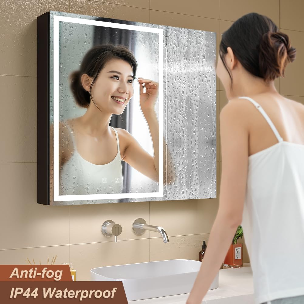 KWW LED Lighted Bathroom Medicine Cabinet with Backlit Panel, Sockets & USBs. Anti-Fog, Dimmable, 3 Color Light Makeup Mirror, Easy to Install, Wall Mounted (Inner Glow-2 door-30 * 28)