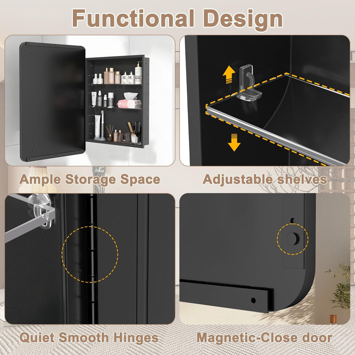 20x28 Inch Medicine Cabinet with Mirror for Bathroom, Black Aluminum Bathroom Medicine Cabinet, Recessed or Wall Mount Medicine Chest Over Sink, Modern Farmhouse Style, Fully Assembled