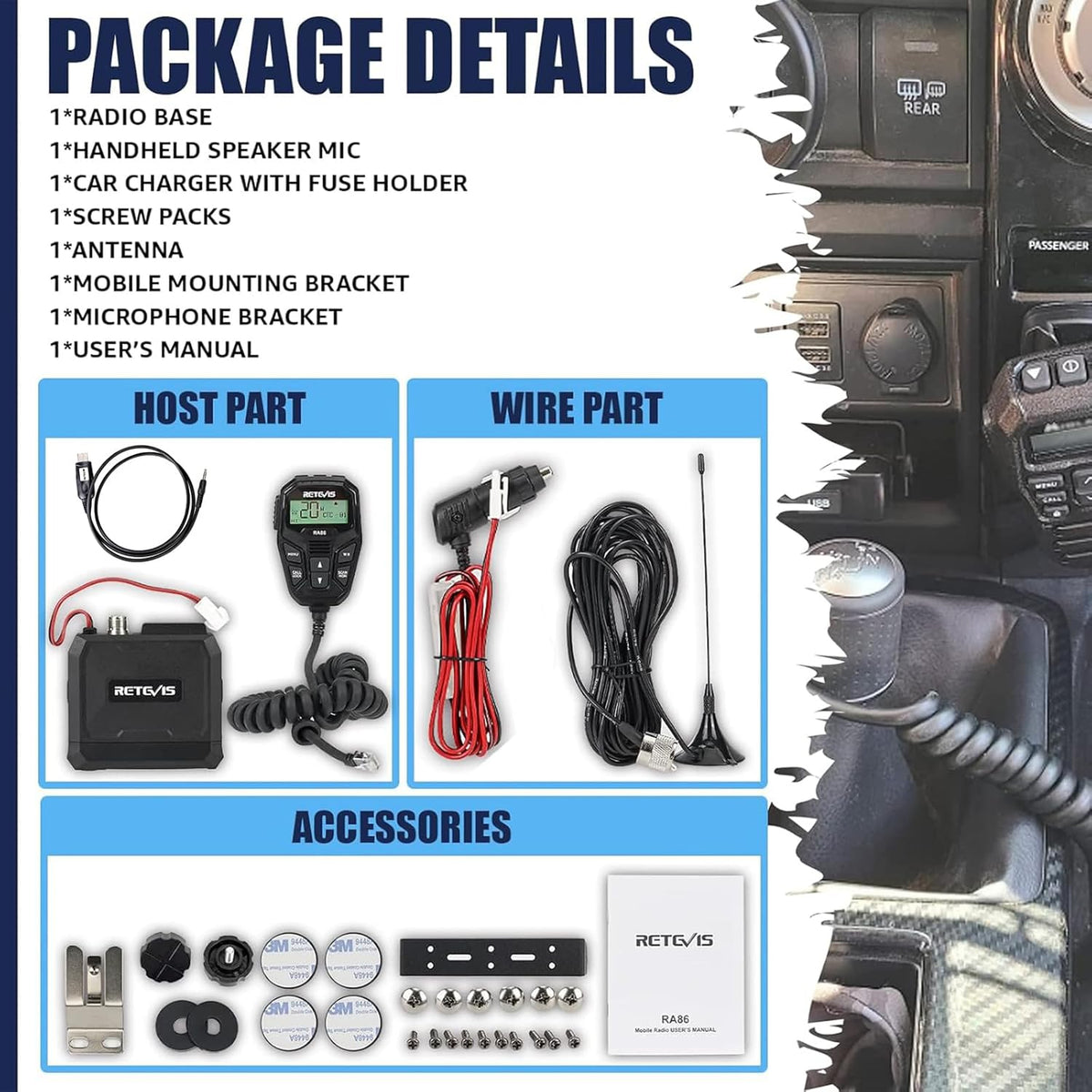 Retevis RA86 GMRS Mobile Radio - Update Chirp, GMRS Radio with Gain Antenna & Cigarette Lighter Plug, Repeater Channels Long Range Two Way Radio, NOAA Alert, Dual Speakers for Offroad, Jeep, Truck, RV